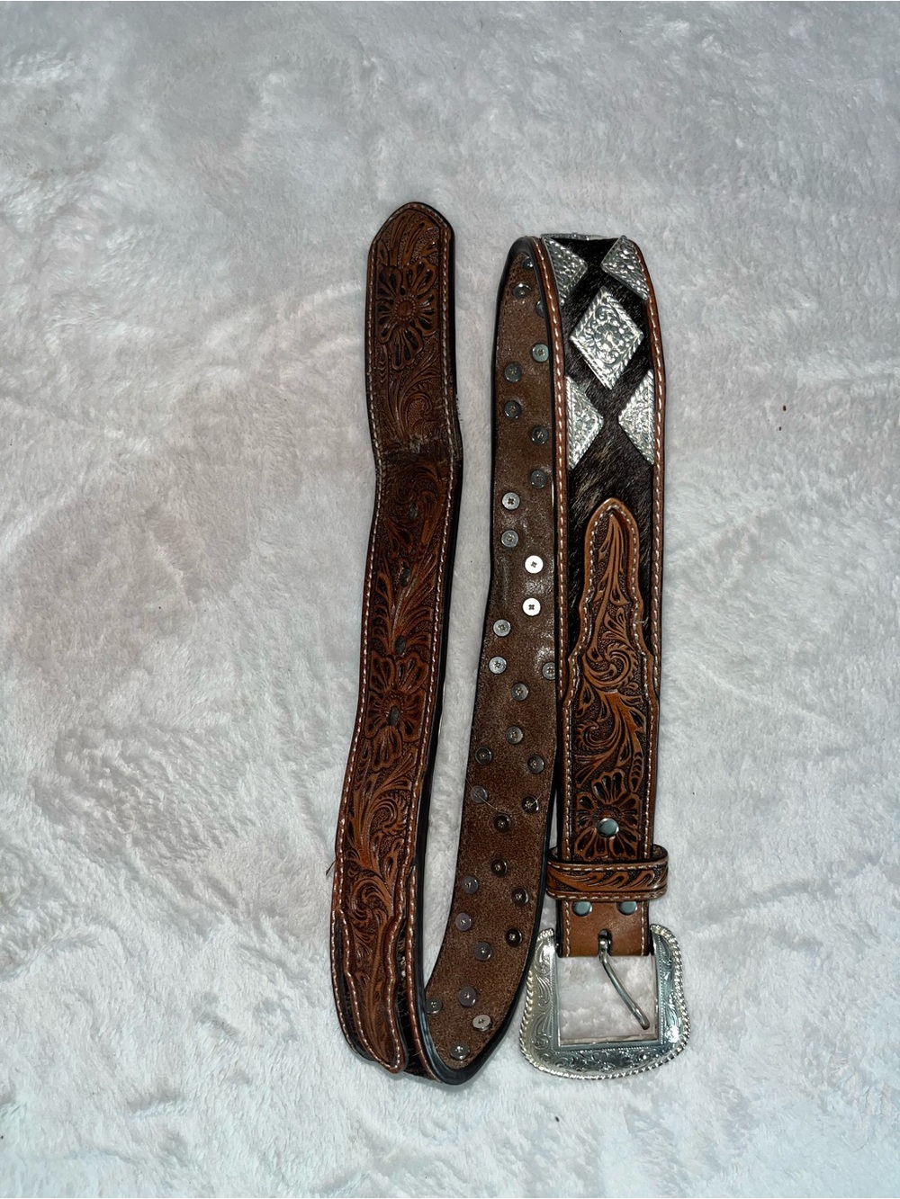 Nocona Tooled Brown Leather Belt Western Silver Studded Buckle 30-34 Waist